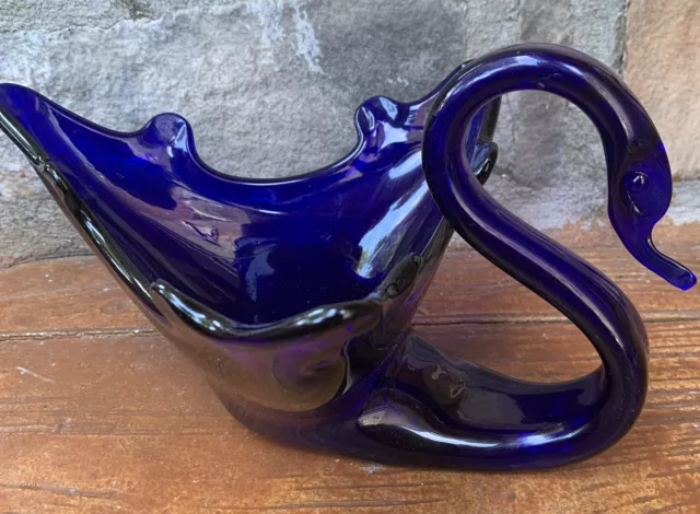 Vintage Cobalt Blue Blown Glass Swan Planter ~ Dish ~ Figurine