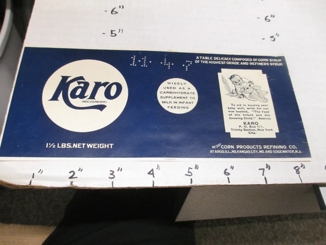 KARO baby food supplement 1930s metal tin can food paper label BLUE