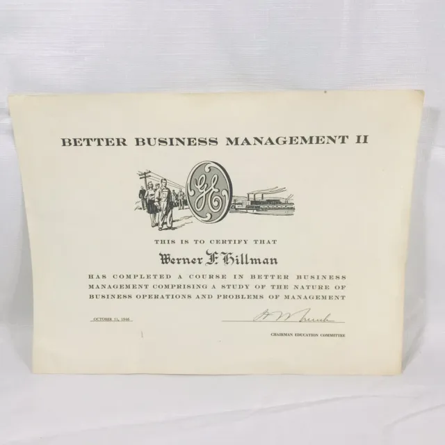 General Electric GE Better Business Management II Employee Certicate Award 1946