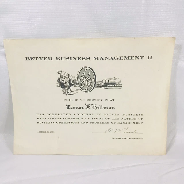 General Electric GE Better Business Management II Employee Certicate Award 1946