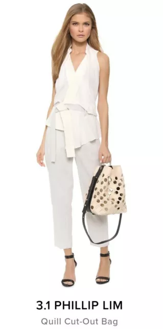 $1200 EUC 3.1 PHILLIP LIM Quill Cut Out Woven Leather Bucket Bag Color MILK