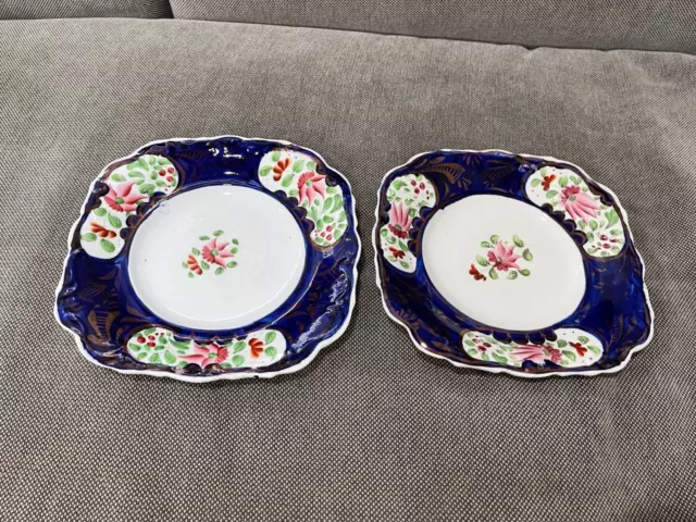 Antique Gaudy Dutch / Welsh Style Pair of Plates Cobalt Gold & Pink Flowers Dec.