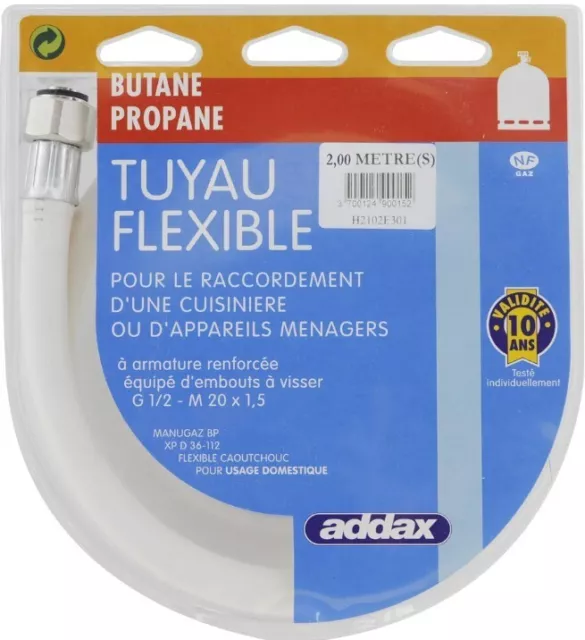 Tuyau flexible gaz butane propane 2 Mètres validité 10 ans caoutchouc embout à v