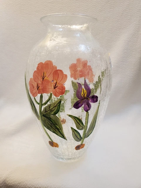Fifth Avenue Crystal Flora Botanica 10" Handpainted Urn Vase Crackle Glass