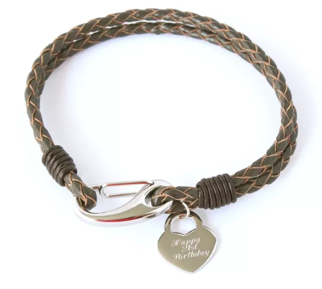 GIRLS BLACK/BROWN 2Strand LEATHER BRACELET ENGRAVED HEART PERSONALISED