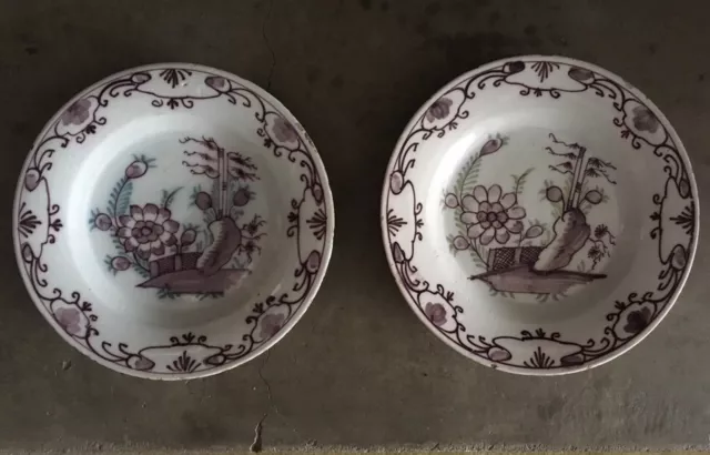 Pair of 18th C 1760 9" English Delft Plates with Manganese Decoration