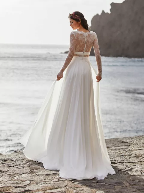 Boho Braut Hochzeitskleid Chiffon V-Ausschnitt Langarm Bodenlänge Hofzug 2