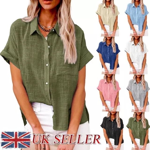 Womens Cotton Linen Casual Blouse Ladies Button T Shirt Short Sleeve Tops Tunic