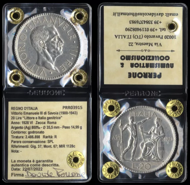 #03915] Regno Italia - Vittorio Emanuele Iii - 20 Lire Littore 1928 - Periziata