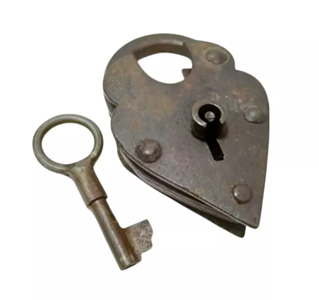 1850's Old Antique Solid Strong Heavy Iron Unique Heart Shape Lock & Key