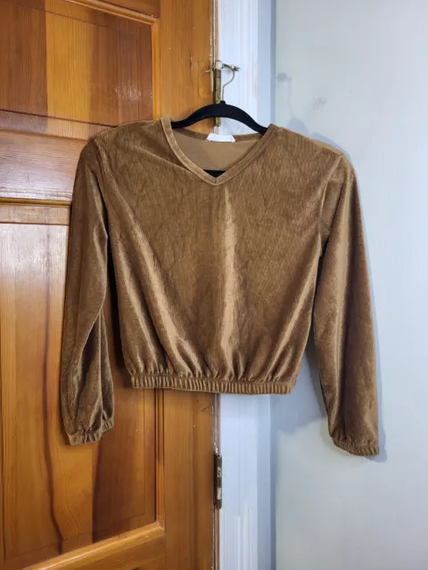 Knitworks Girls Ribbed Velour Cropped Top Gold Brown Long Slv Sz L (14)