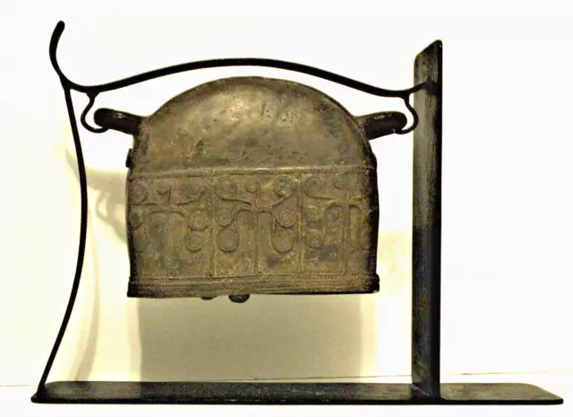 ANTIQUE~Tibetan Bronze Bell with -Metal Stand &-Beaded Edges