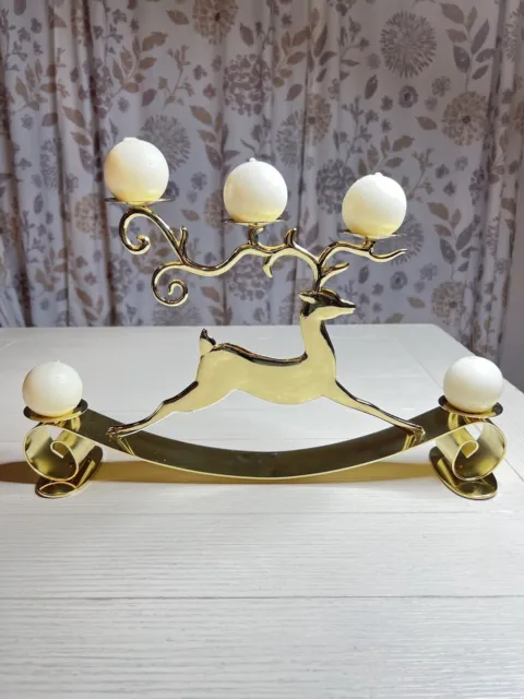 Vintage Brass Reindeer Candle Holder 5 Ball Candles