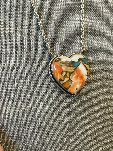 Navajo Sterling Silver💙🧡Turquoise Spiny Oyster Heart Necklace Pendant