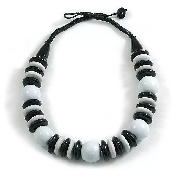 CHUNKY STYLE LIGHT White/Black Wood Bead Cotton Cord Necklace - 64cm ...