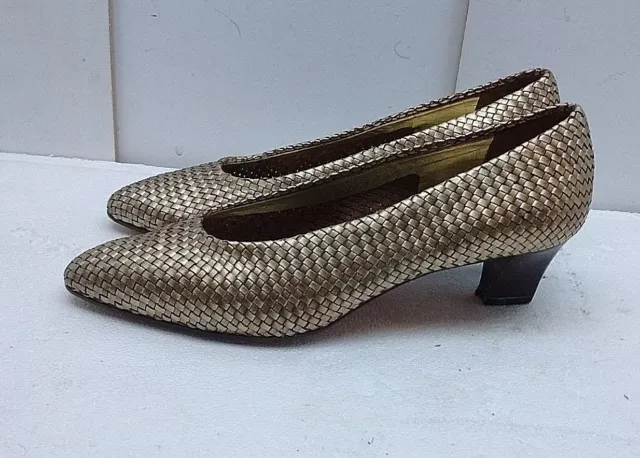 PRADA Milano Metallic Tan Woven Leather Slip On Heel Pumps Women's Shoes 6.5M 37