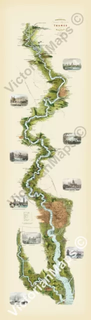 antique Tombleson's map of river Thames with 9 inset views 1850 art print poster