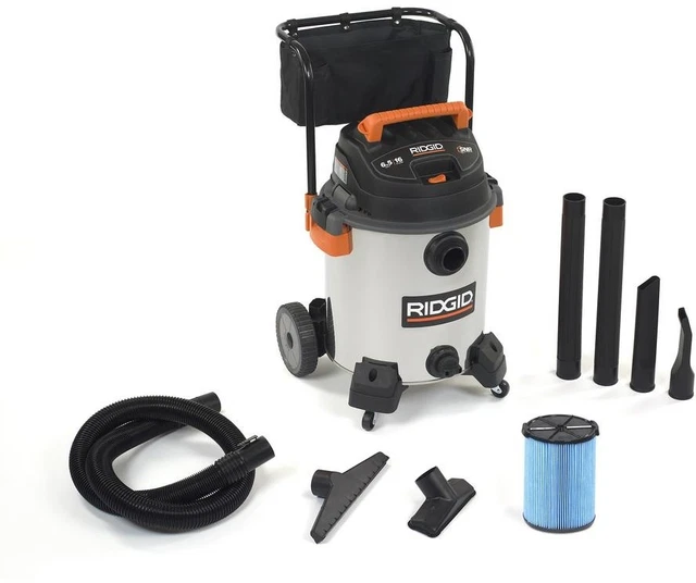 RIDGID 16 GALLON Wet Dry Vac 6.5Peak HP Stainless Steel Cart Large