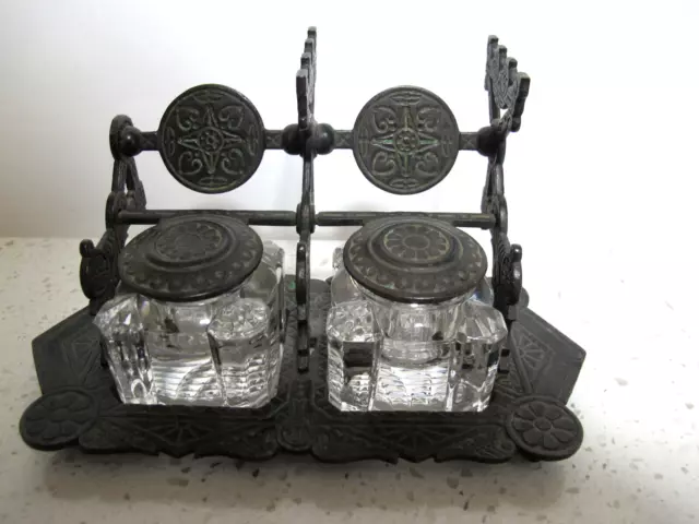 Antique Victorian Eastlake Cast Iron Double Inkwell with Pen Holder - Judd? 1879