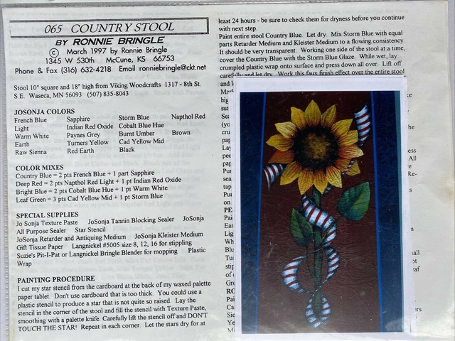 Patrón de pintura de tole Arts & Crafts #065 taburete de campo de Ronnie Bringle 1997