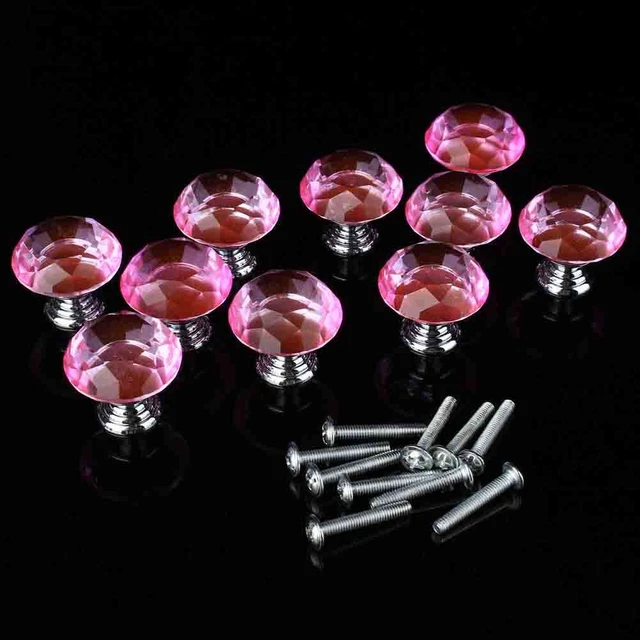 10Pcs 30Mm Pink Crystal Glass Door Knobs For Drawer Cabinet Kitchen (Boutons FR 3