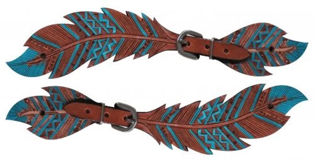 Adjustable Women's size teal brown LEATHER CUT OUT TOOLED FEATHER SPUR STRAPS