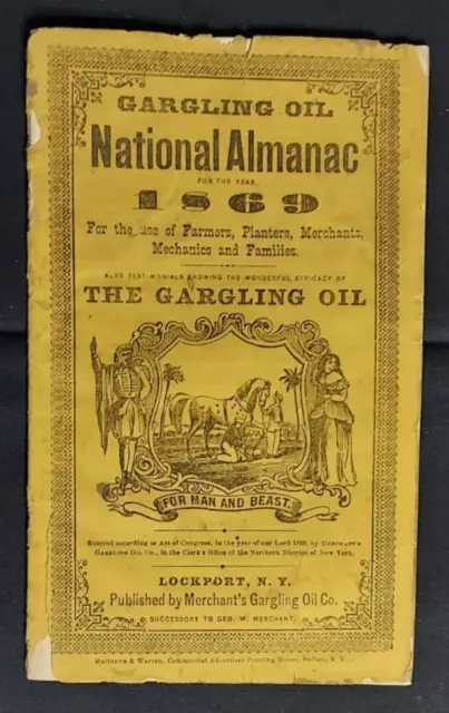 1869 Quack Medicine National Almanac Merchant's Gargling Oil Co Lockport NY Farm