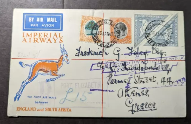 1932 South Africa Airmail First Flight Cover FFC Port Elizabeth to Athens Greece