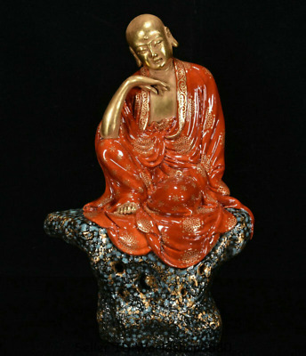 10.8" Qianlong Marked China Red Glaze Porcelain Seat Arhat Rohan Buddha Statue 2