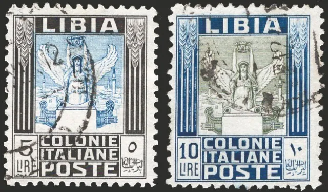 Libia - 1937 - Pittorica 5 £ + 10 dent. 11 senza filigrana, n° 144/45. Certifica