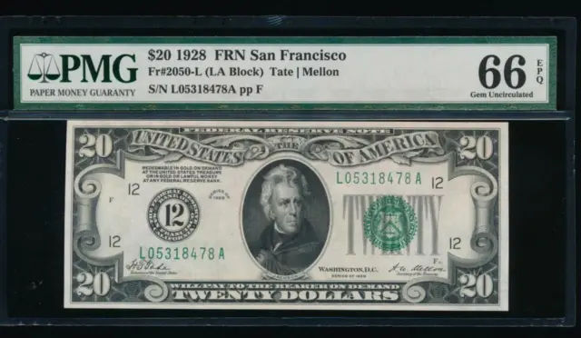 AC NUMERICAL 1928 $20 San Francisco PMG 66 EPQ gold clause Fr 2050-L