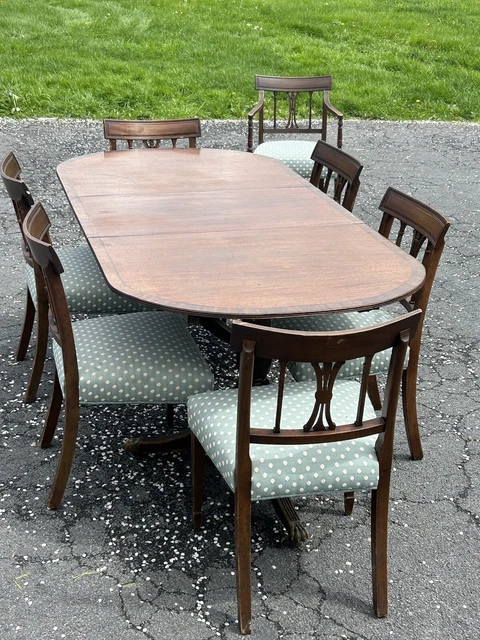 Table Elegant Duncan Phyfe Dining Set 1940’s Blue White Polka Dots Very Nice Set