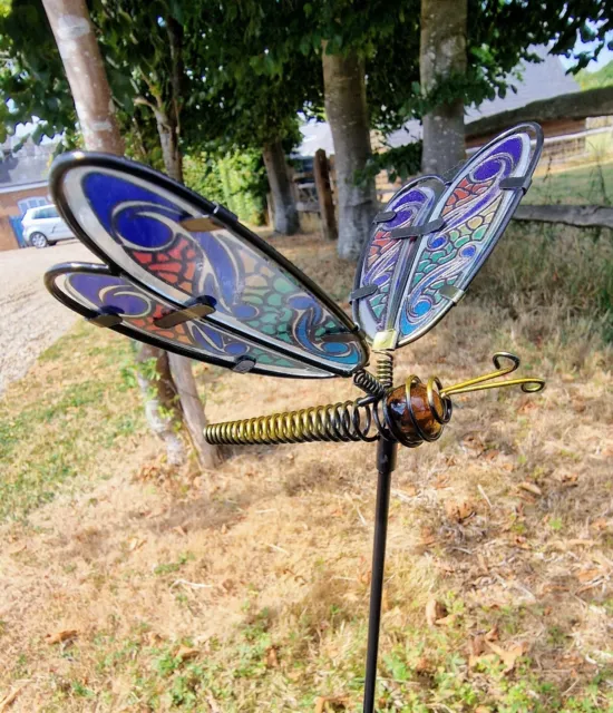2 Glas Libellen Gartenpfähle Outdoor Dekor Metallornamente Muiti farbig
