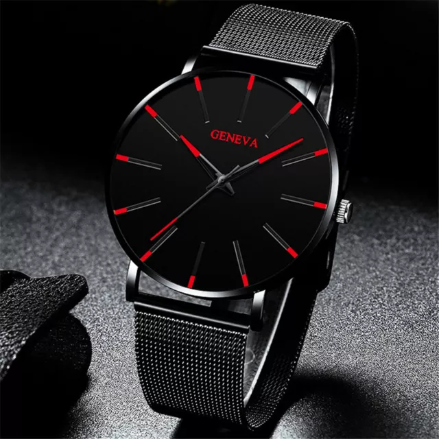 Men's Watches Red Ultra Thin Business Stainless Steel Mesh Quartz Watch Fashion