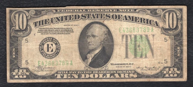 1934-A $10 Ten Dollars Frn Federal Reserve Note Richmond, Va