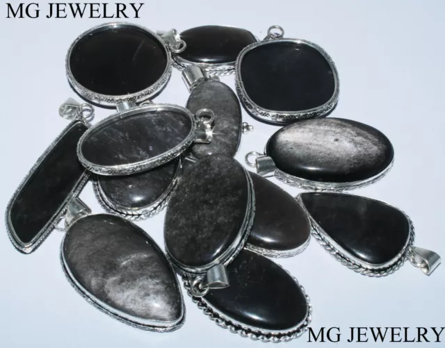 100 Pièces Lot Naturel Argent Sheen Obsidienne Pierre 925 Plaqué Pendentif