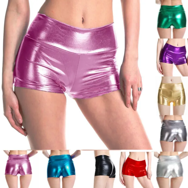 Pantaloncini donna in finta pelle stivali vita alta pantaloni caldi metallo rave abbigliamento da ballo nuovi