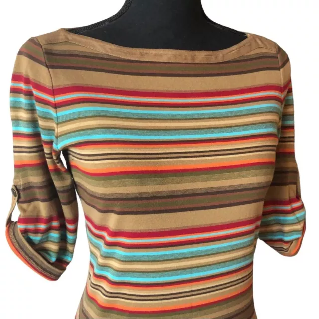 Lauren Ralph Lauren Stripe Knit Faux Suede Trim Boatneck Pullover Womens Sz S 3