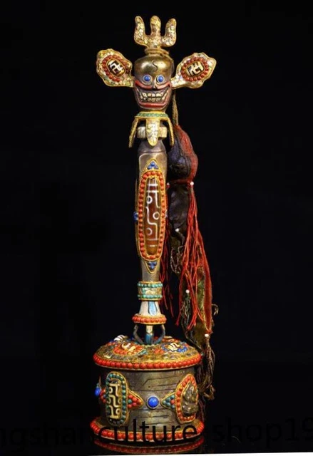 13'' bronze inlay gem agate Dzi Bead skull Fork Dagger Dorje Vajra phurpa faqi