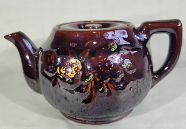 Vtg Hadson Occupied Japan Redware 3.25" Sake Teapot w Lid Dark Brown Lusterware