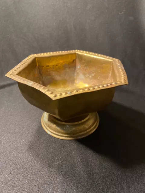 Vintage Hexagon Solid Brass Planter Pedestal Bowl Made In India Original Sticker