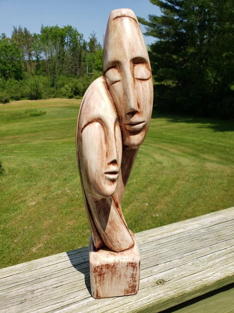 Ceramic Mid Century Modernist Couple Lovers Statue Figure White/Brown Stain