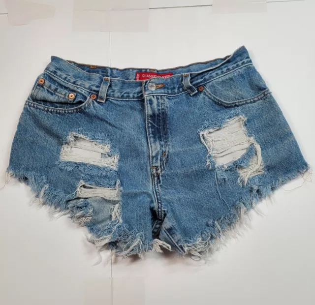 Women's Vintage Levis 550 Distressed Blue Denim Cut Off Booty Shorts Sz 12P