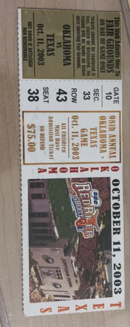 2003 Oklahoma Sooners Texas Longhorns Football Ticket  Stub Cotton Bowl Dallas