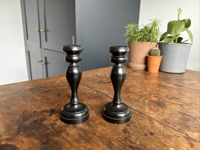 Vintage Pair Wooden Candle Sticks - Church - Unusual Design 14.5cm Tall - Ebony