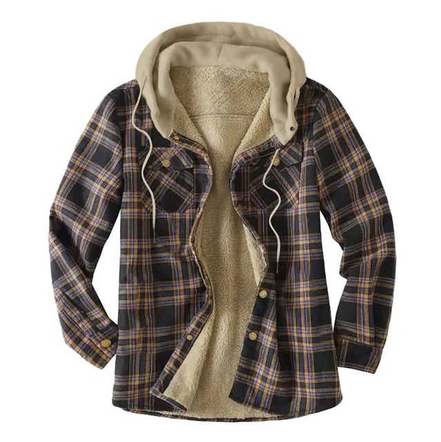 Mens Fleece Lined Zip-Up Jacket Warm Heavy Flannel Shirt Hoodie Fuzzy Coat