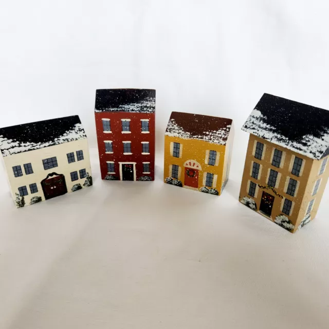 Wooden Block Houses Village Set Of 4 hand painted Folk Art Country Cottage