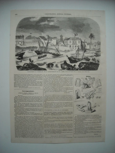 Gravure 1858. Ouragan A La Calle. Echouement Du Boberach, De La Perseverance Et
