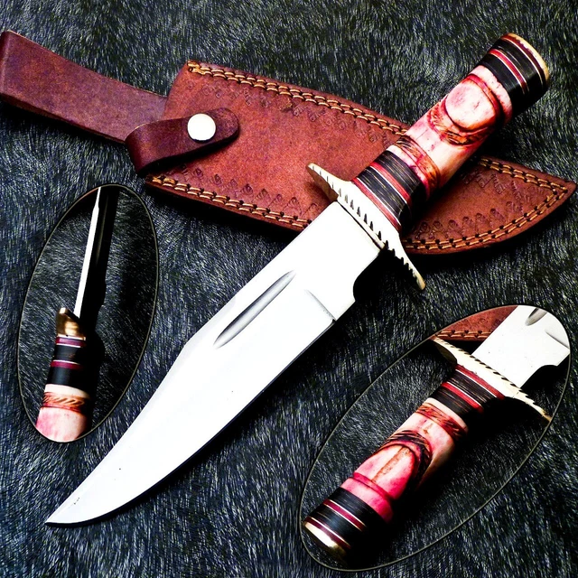 (Usacustomknives) Handmade D2 Steel Blade Hunting Knife - Engraved Bone & Wood