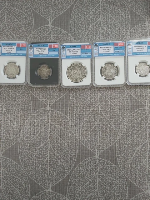 Lot de 5 Pieces Maroc En Argent 200 100 20 10 5 Francs Protectorat Français